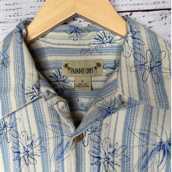 Paradise Coves Mens XL Hawaiian Shirt 100% Silk Blue  Stripe Palm Tree Aloha EUC - Picture 3 of 5